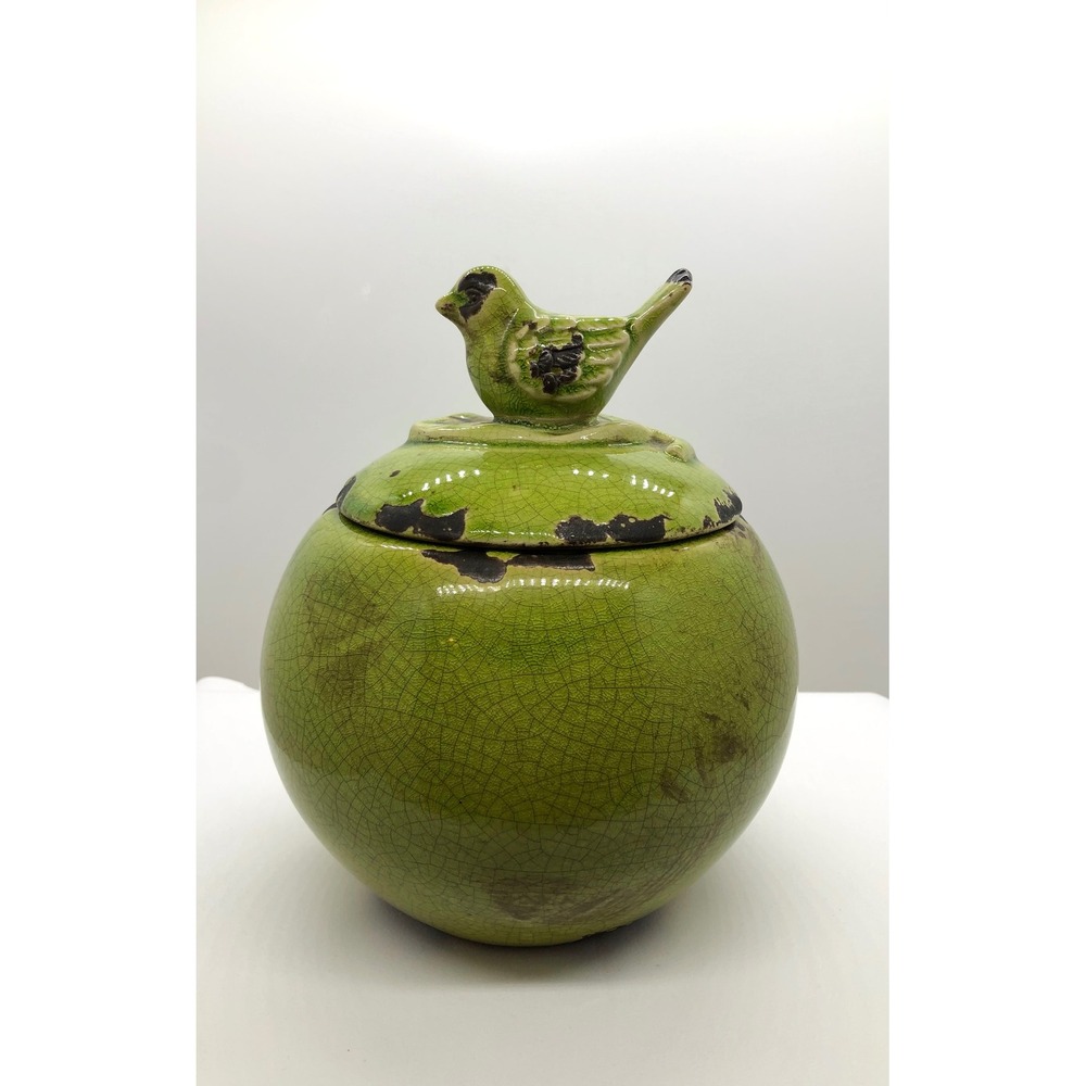 Green Crackle Glaze Ceramic Bird Finial Lidded Jar Distressed Rustic Decor 7.75"